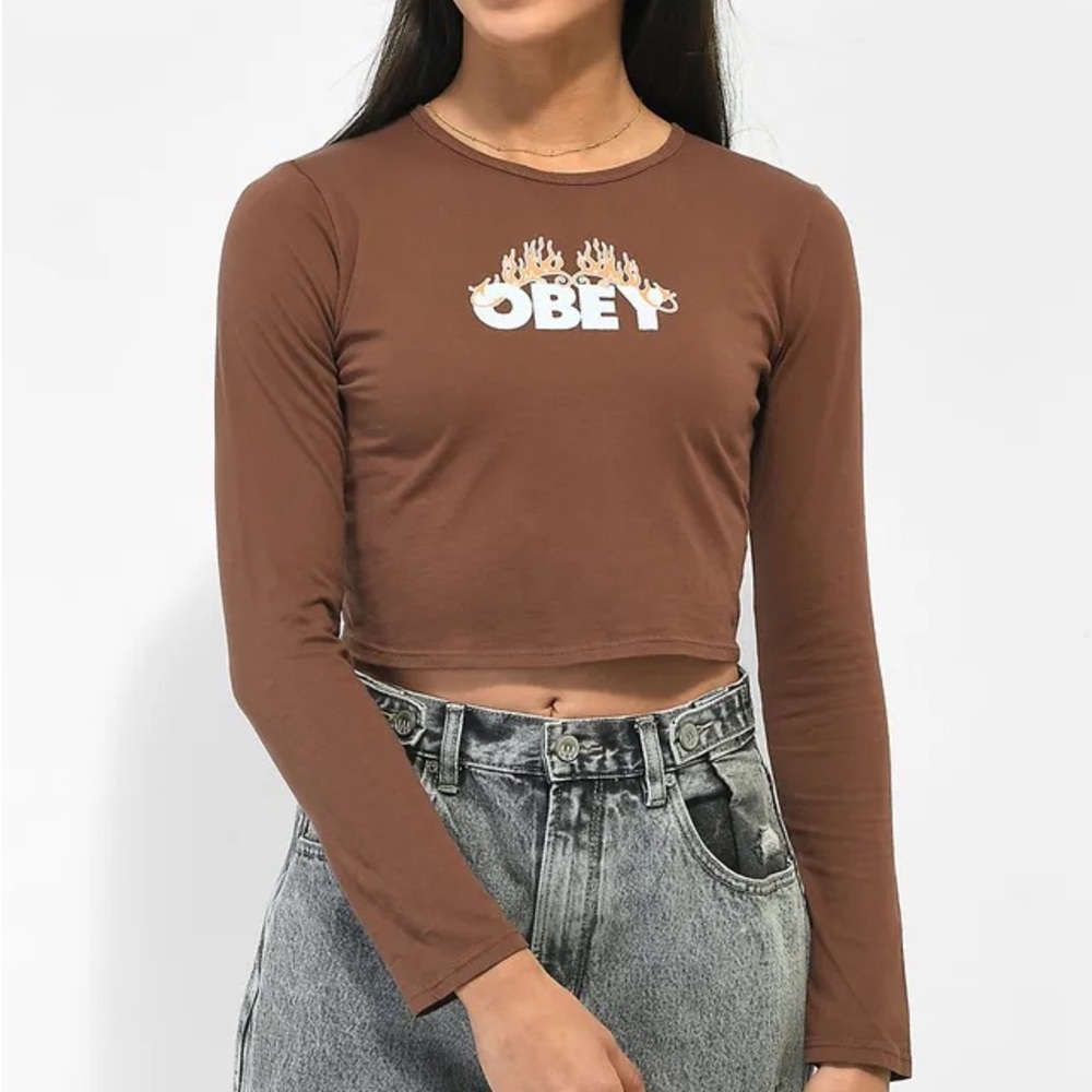 Obey Brown Cropped Long Sleeve Tee – Size S
